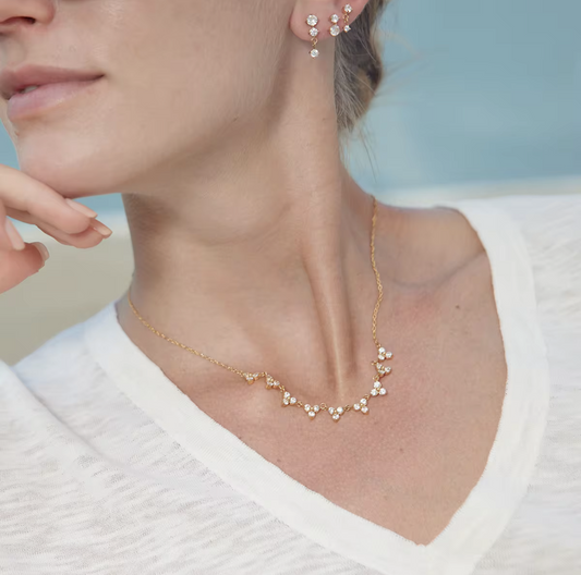 Close-up of a woman wearing a delicate gold necklace and earrings against a blurred background.