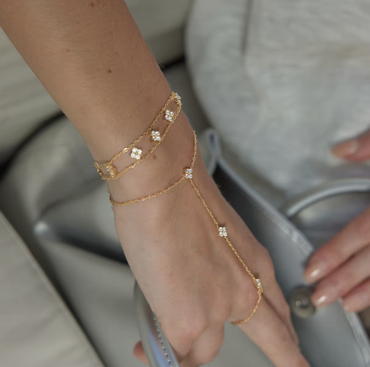 A close-up of a person's wrist and hand wearing a delicate gold chain bracelet with small clear stones, resting against a light gray handbag.