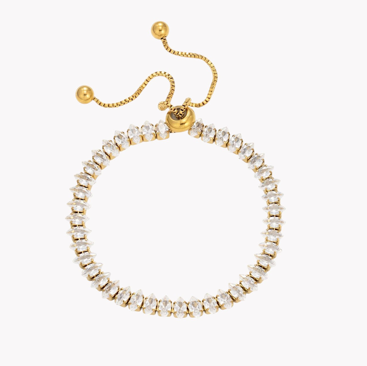 A gold-plated adjustable ring bracelet adorned with clear rectangular crystals, shown on a plain white background.