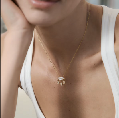 Woman wearing a gold necklace with a pendant