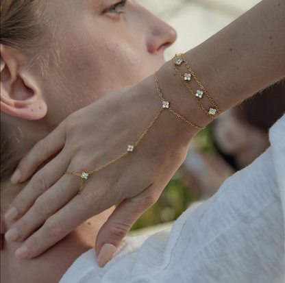 A delicate gold chain hand bracelet with small floral charms worn on a woman's wrist and hand, paired with a matching gold ring on her finger, shown in a close-up lifestyle shot.