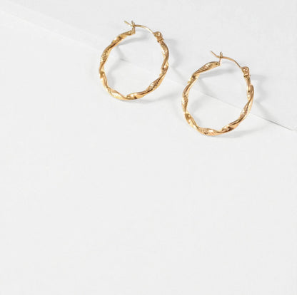 Gold twist hoop earrings on a light gray background