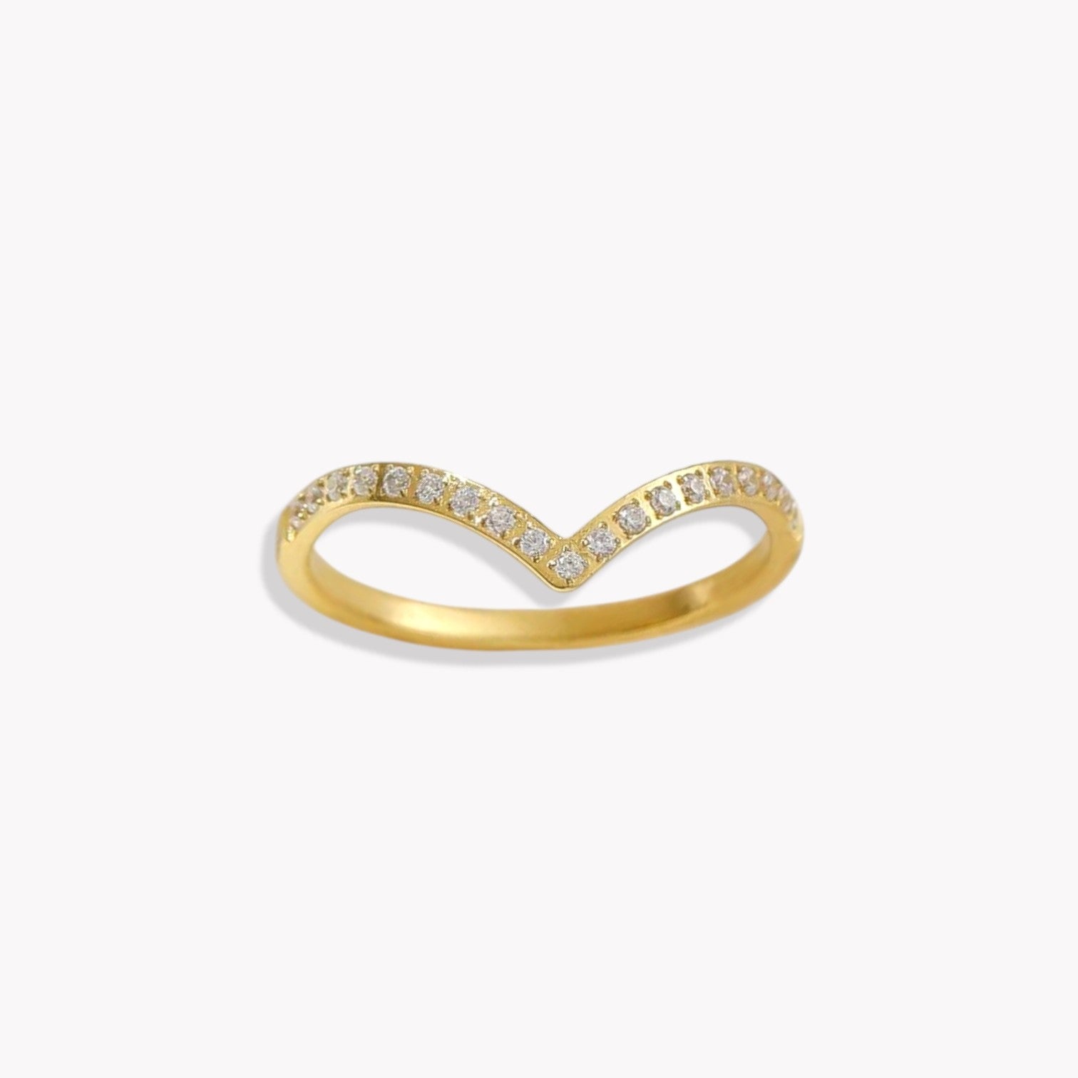 Gold wishbone ring with small clear gemstone detail along the band. Pictured on a white background
