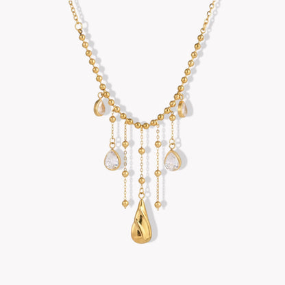 Gold necklace with teardrop-shaped pendants on a white background