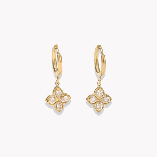 Gold earrings with clear gemstone detail pictured on a light grey background