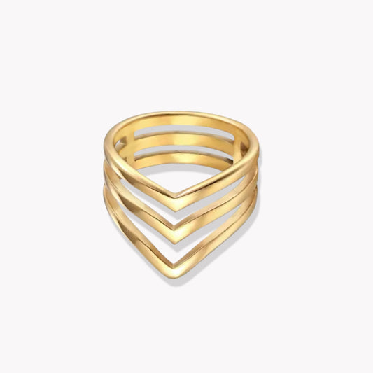 A gold-colored layered wishbone ring on a white background.
