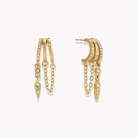 Gold hoop earrings with chain details on a white background