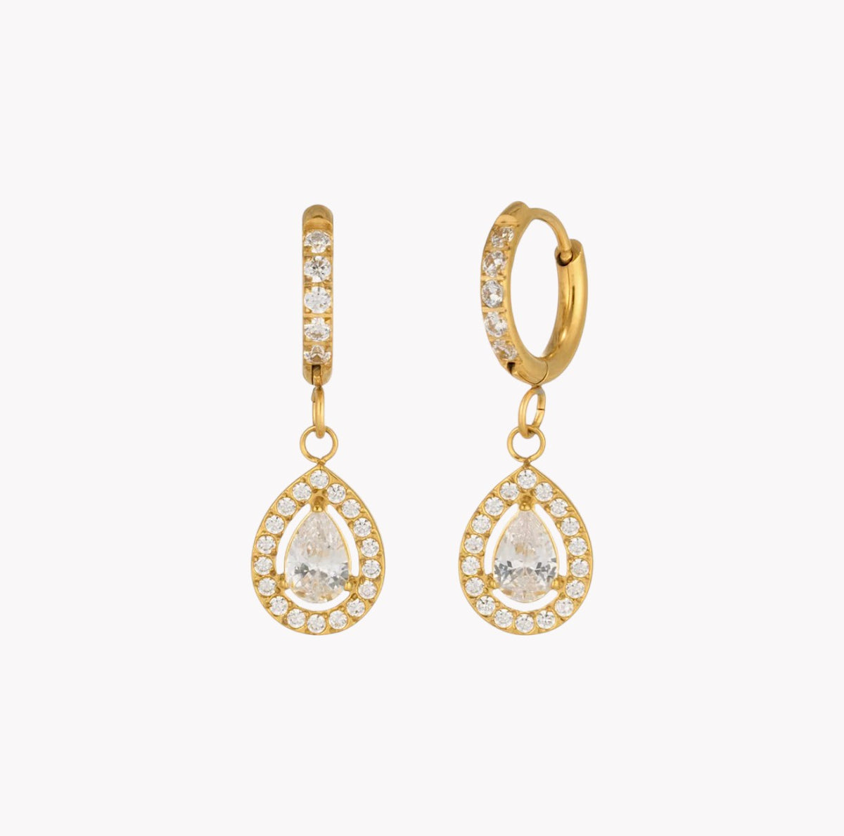 A pair of gold huggie hoop earrings with teardrop-shaped drop pendants, both adorned with clear pavé stones. The clear stones are excluded from color analysis, leaving the gold metal as the sole product color identity.