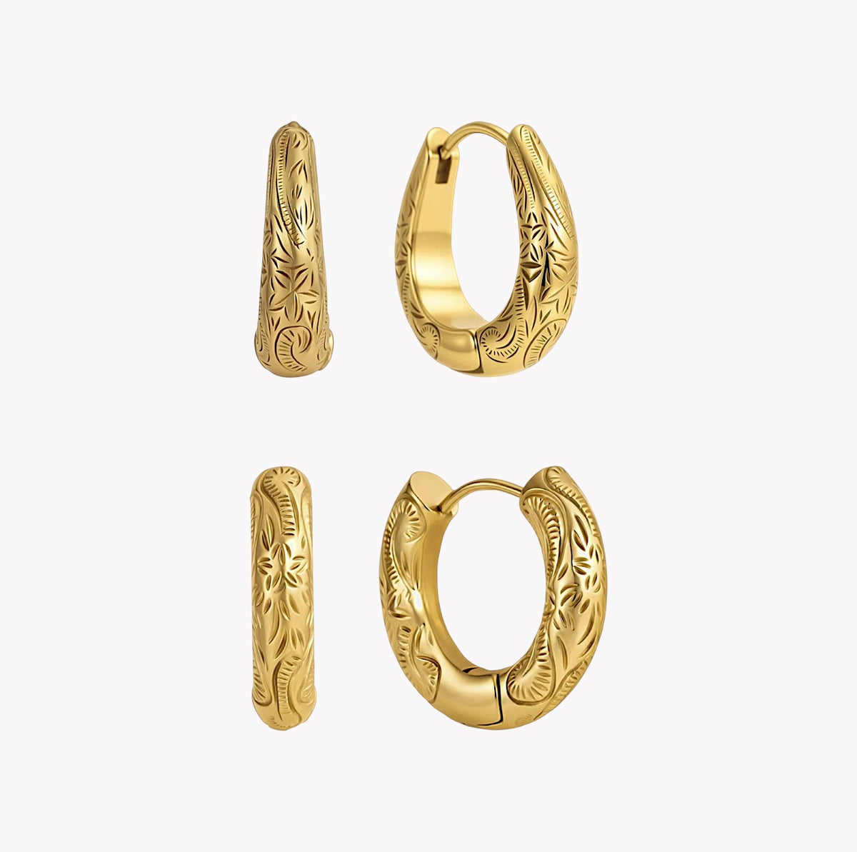 Four views of gold huggie hoop earrings with detailed floral engraving, displayed on a clean white background.