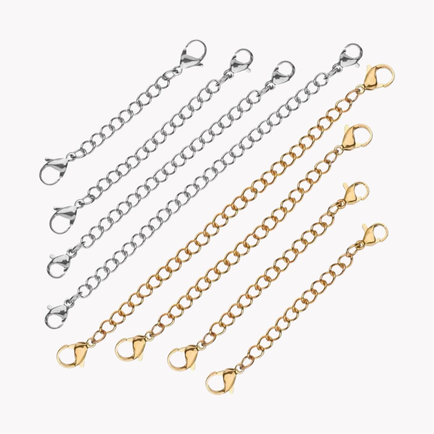 A collection of necklace extenders in silver and gold colors with clasps attached to each end.