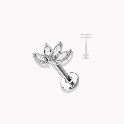 Set of five silver flat back piercing studs with crystal accents on a white background