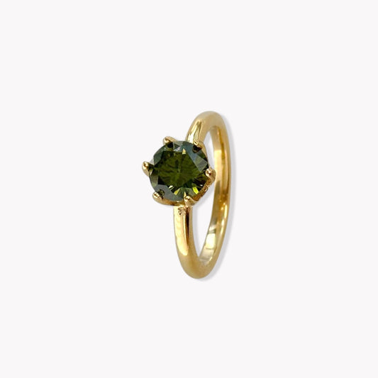 Gold ring with a green gemstone on a white background