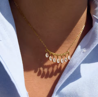 gold necklace featuring a row of pear shaped gemstones pictured being worn around the neck