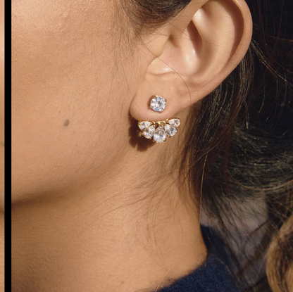 gold earrings with clear pear shaped gemstones pictured being worn in the ear