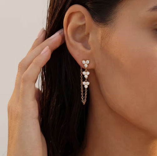 Close-up of a woman wearing a gold earring with clear stones.