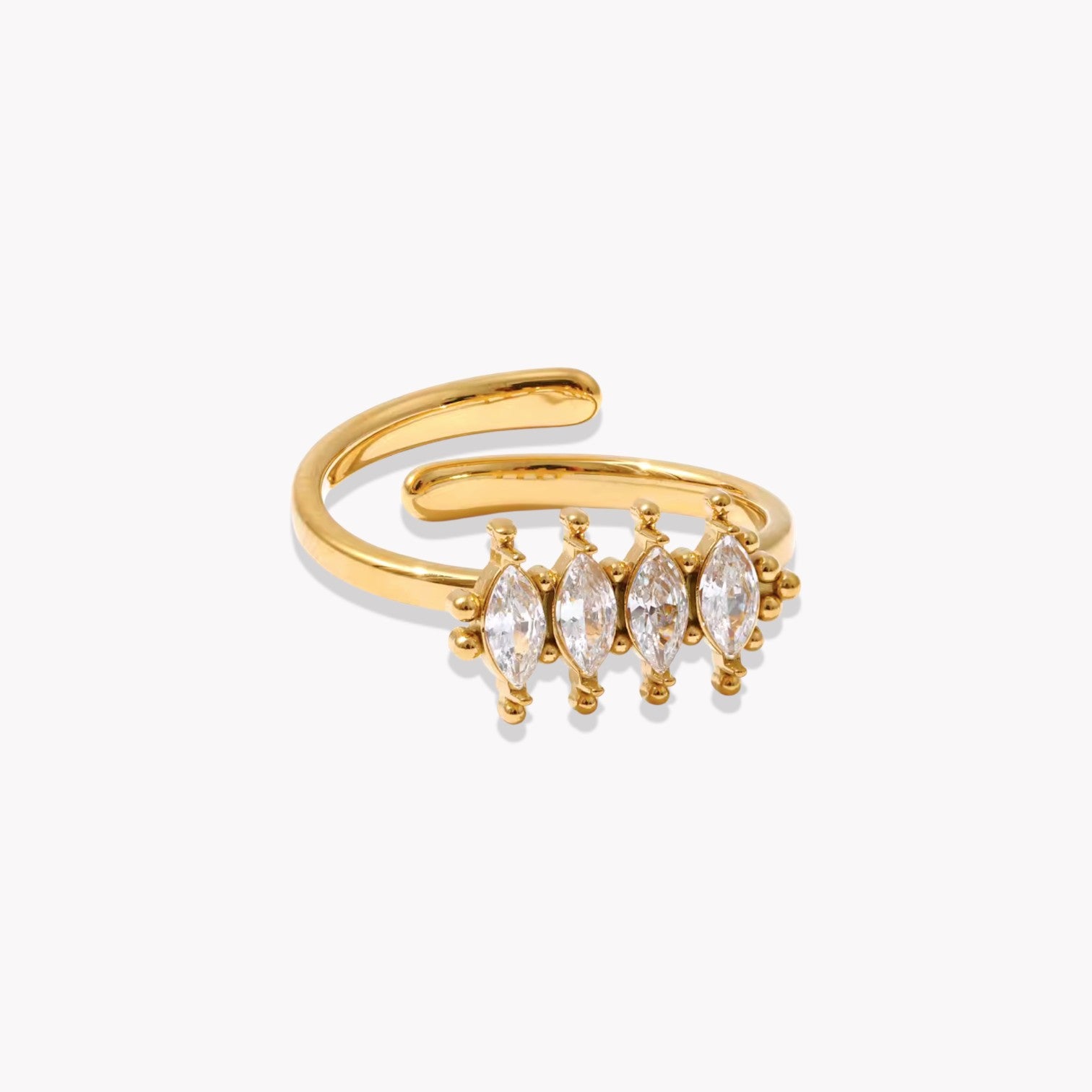Gold adjustable ring with embedded marquise stones on a white background