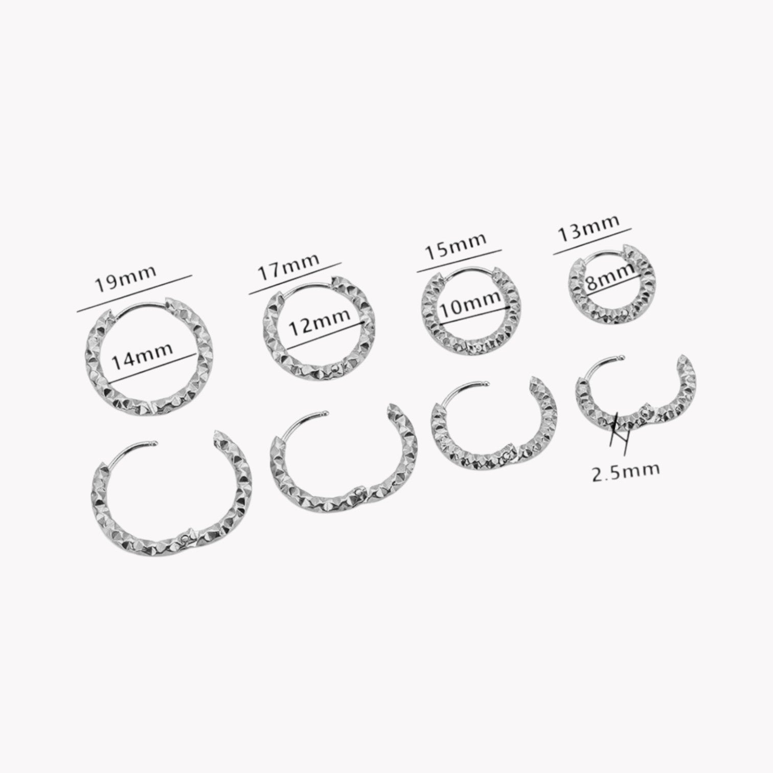 Silver hooped earrings in 4 different sizes shown in both an open and closed position