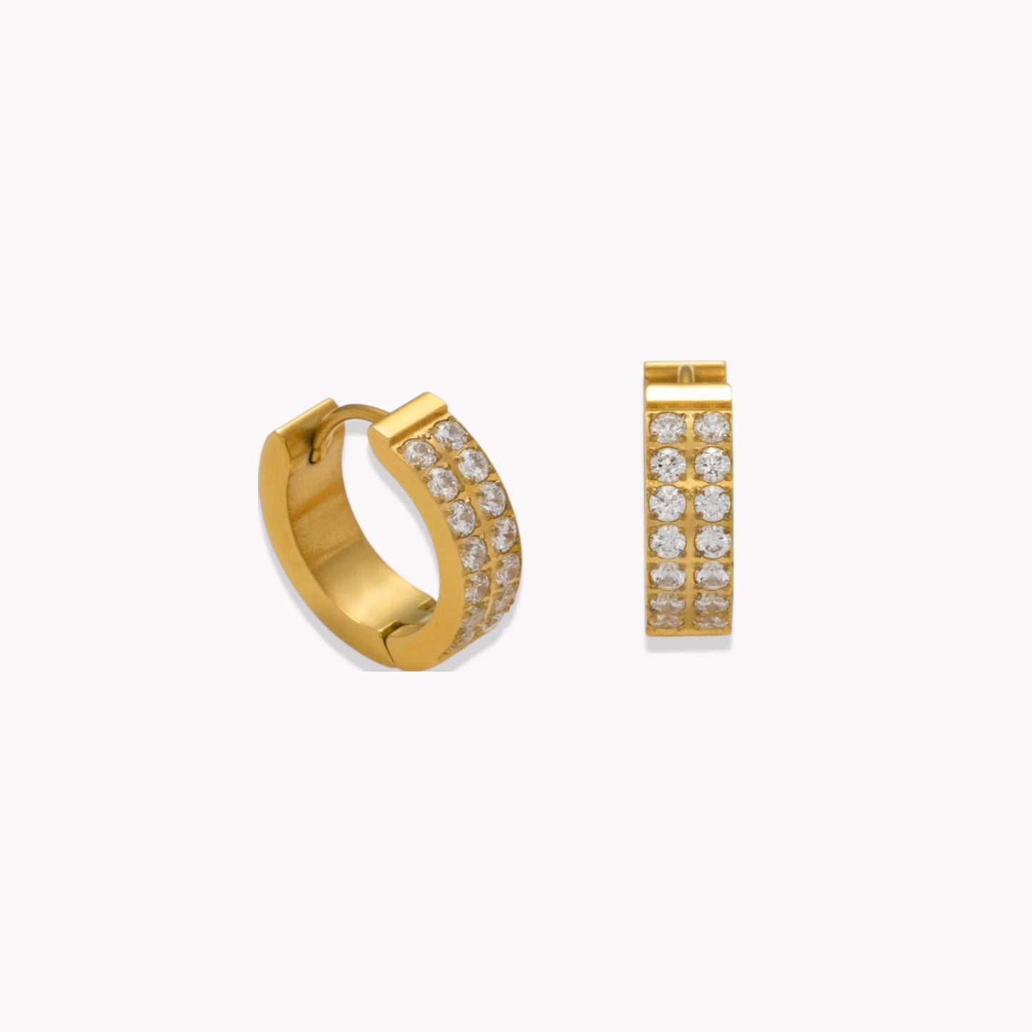 Gold hoop earrings with embedded stones on a white background
