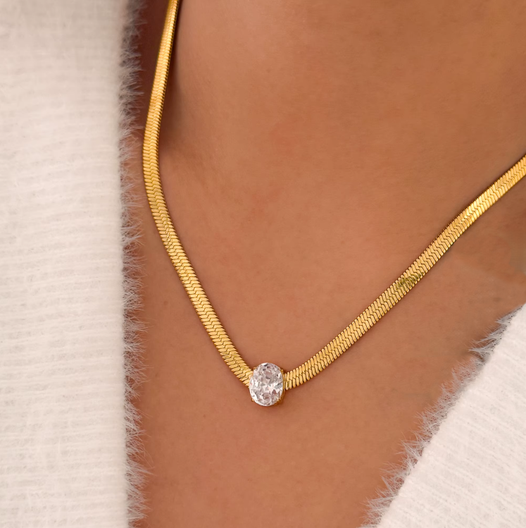 gold necklace with oval pendant gemstone pictured on a persons neck